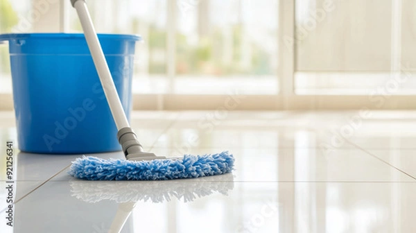 Fototapeta A mop and bucket set up for cleaning, positioned on a clean floor with ample space around them. The image highlights preparation for a thorough cleaning session. Photo