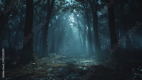 Fototapeta A dark and foggy forest scene at night, with eerie mist covering the ground, creating a mysterious and suspenseful atmosphere