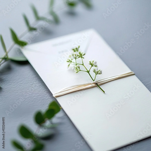 Fototapeta Elegant wedding invitation decorated with a sprig of baby's breath flowers, placed on a gray surface with green foliage in the background.