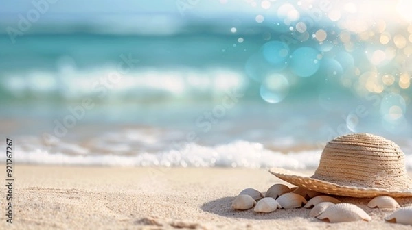 Obraz straw hat beach shells sitting relax happy hot sunny pro visualize glittering ornaments floating particles color restoration ratio young sweltering