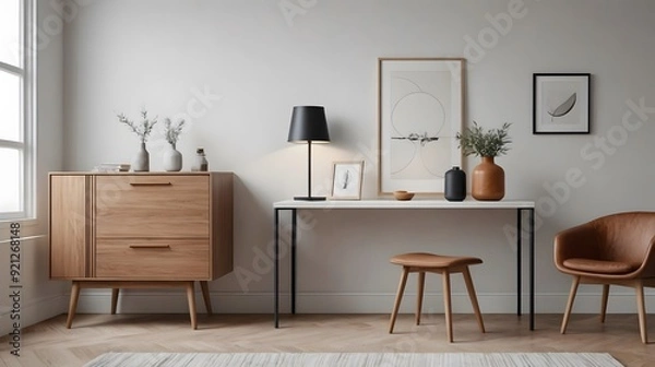 Fototapeta Modern living room with sofa, chair and wooden sideboard and other interior accessories design, ai generated interior image template.