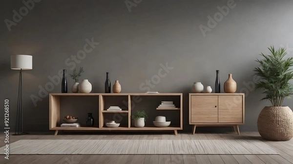 Fototapeta Modern living room with sofa, chair and wooden sideboard and other interior accessories design, ai generated interior image template.
