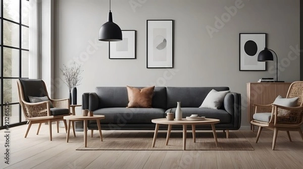 Fototapeta Modern living room with sofa, chair and wooden sideboard and other interior accessories design, ai generated interior image template.