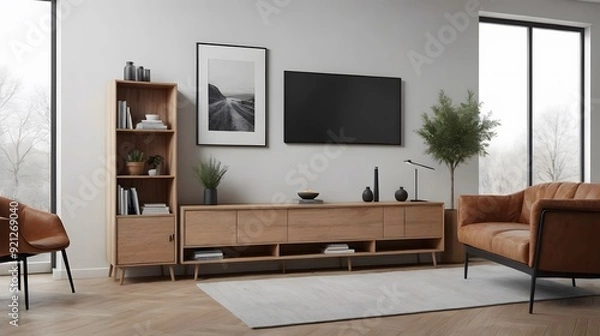 Fototapeta High resolution stylish living room interior design with empty television screen template, ai generated tv unit mock up interior image.