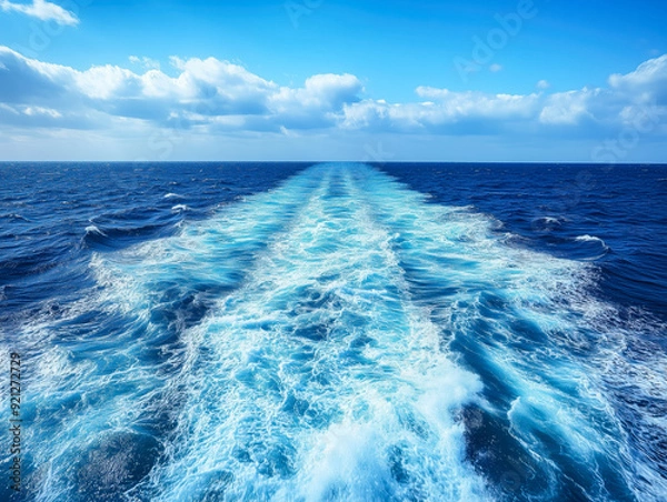 Obraz Waves, foam and wake caused by cruise ship in the sea. Atlantic ocean with blue water on a sunny day.