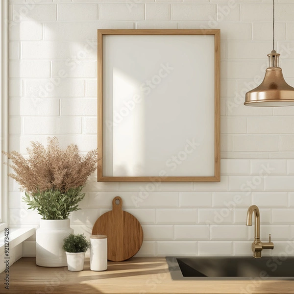 Obraz Mockup of a 4x5 vertical wooden frame in a modern kitchen interior, in a Scandinavian / boho style, with sunlight on white wall. Artwork, poster, art print, wall art mockup.