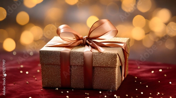 Fototapeta Embellished Gift Wrapped in Shiny Paper with Textured Background and Delicate Ribbon