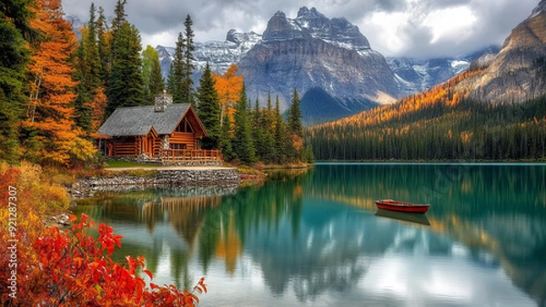 Fototapeta Picturesque autumn scene featuring a cozy wooden cabin by a crystal-clear lake with a reflection of vibrant fall foliage and snow-capped mountains