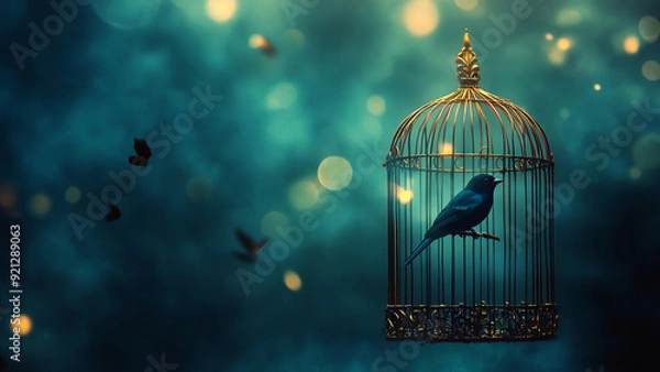Fototapeta Poignant and Atmospheric Image of a Small Bird on a Glowing Lantern