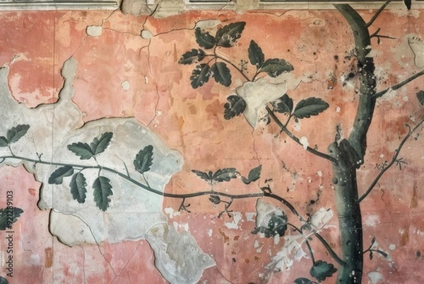 Fototapeta A painting featuring a tree with branches and leaves on a pink wall background, Incorporate botanical motifs found in ancient Greek architecture into a nature-themed artwork