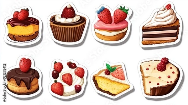 Fototapeta Assorted desserts including cakes and cupcakes with fruits on a white background