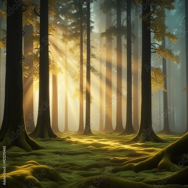 Fototapeta Sunrise in the forest; The glowing forest