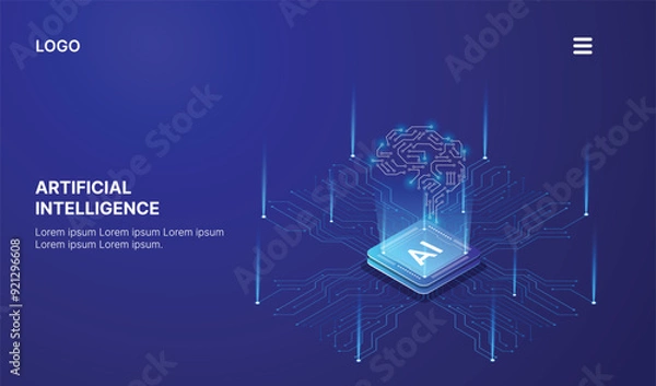 Obraz Artificial Intelligence, Isometric Vector Landing Page for AI, Deep Learning, Machine Learning, and Technological Digital Brain Concepts,isometric banner,AI isometric, AI learning machine, ai icon.
