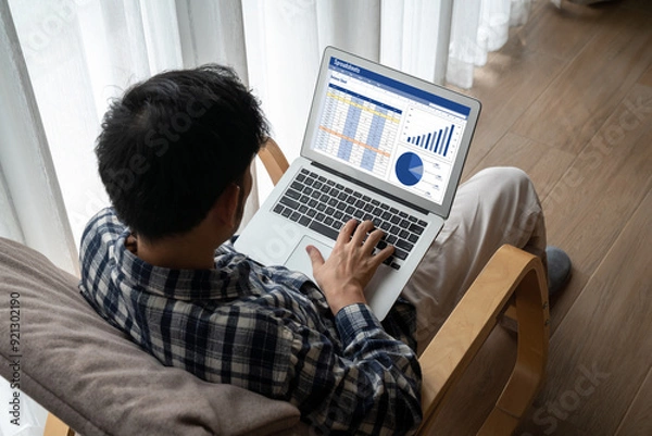 Fototapeta Spreadsheet document information financial startup concept. data and graphs in spreadsheet documents for online analysis project dashboard accounting digital snugly