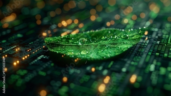 Obraz Leaf inside of falling drop water and bubble.Low polygon.Green technology and environment concept, water management and ecology system.Hi-tech and futuristic.Digital and technology. ai generated
