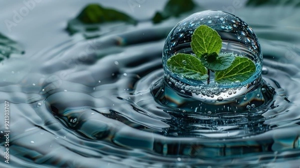 Fototapeta Leaf inside of falling drop water and bubble.Low polygon.Green technology and environment concept, water management and ecology system.Hi-tech and futuristic.Digital and technology. ai generated