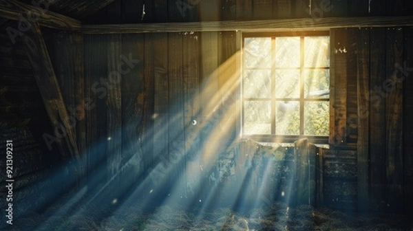 Fototapeta Sunbeams filtering through a hayloft window