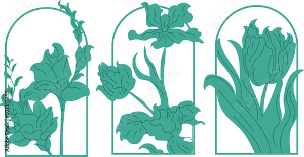 Fototapeta Set of intricate Art Nouveau plants, modern and ornate, for use in graphic resources, classical and Art Deco art, hand-drawn vector art.