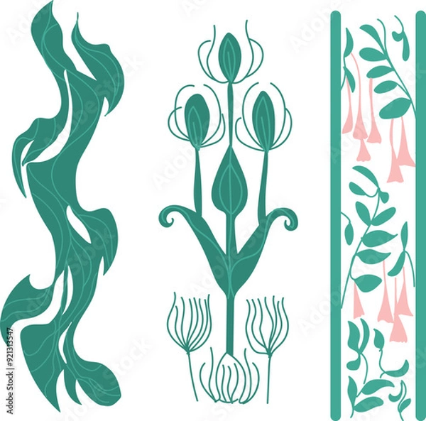 Fototapeta Compilation of modern plants in Art Nouveau style, with ornamental features for graphics, classical art, Art Deco, and hand-drawn vector artwork.