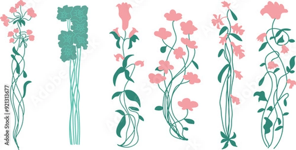 Fototapeta Assortment of contemporary plants in Art Nouveau style, with intricate details for graphic use, classical art, Art Deco, hand-drawn vector art.