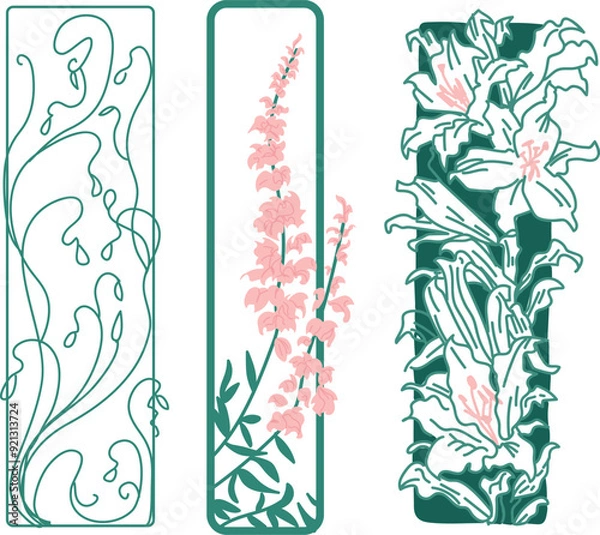 Fototapeta Set of modern plants in art nouveau style, ornate plants for graphic resources, classic art, art deco, hand drawn vector art.