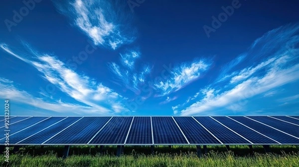 Fototapeta Solar panel produces green, environmentally friendly energy from the setting sun. AI generated image