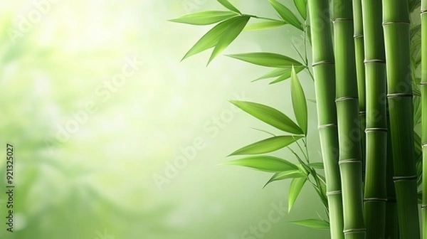 Fototapeta Bamboo stalks and leaves in a serene misty forest setting