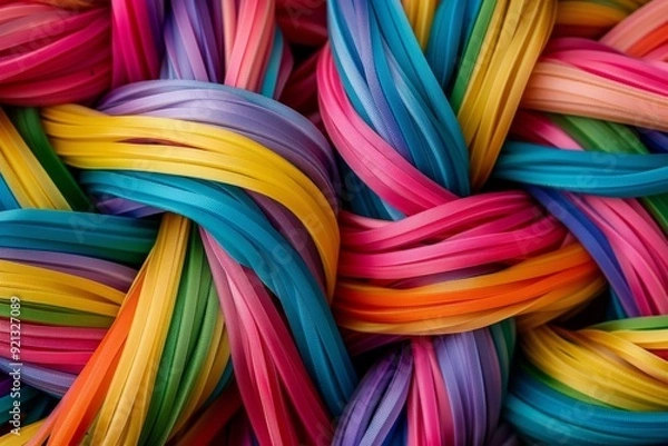 Obraz Close up of a bunch of colorful ribbons with intricate rainbow stripes intertwined, Intricate patterns of rainbow stripes intertwining and overlapping