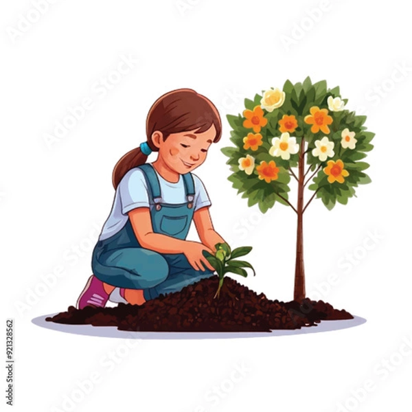 Fototapeta A girl is planting tree symbolizing the concept of saving our mother earth isolated on white vector illustrator 