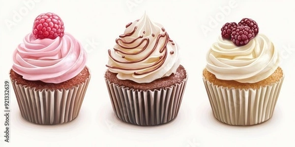 Fototapeta Different Cupcakes Isolated on White Illustration