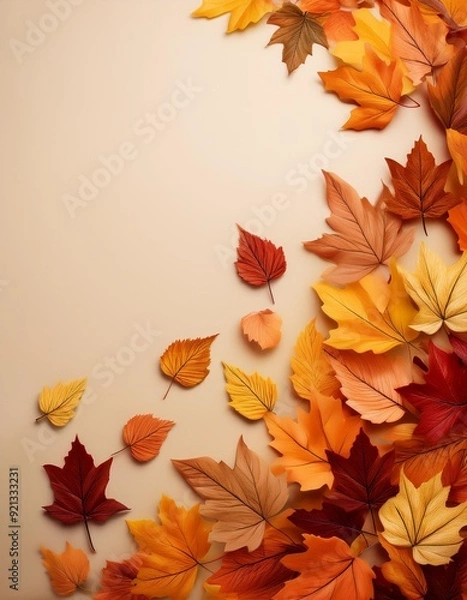 Fototapeta Autumn Leaves- A scattering of autumn leaves on a neutral background, with plenty of room for text or fall-themed products