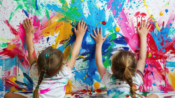Fototapeta Children playing with colorful paint