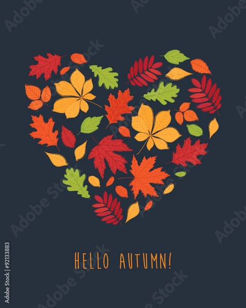 Fototapeta Hello autumn! The heart of the autumn leaves. Background with hand drawn autumn leaves. Fall of the leaves. Autumn leaves are drawn on the chalkboard. Sketch, design elements. Vector illustration.