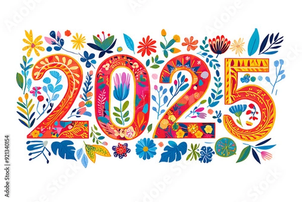 Obraz 2025 Happy New Year typography text design decorated with flowers. Floral concept. 