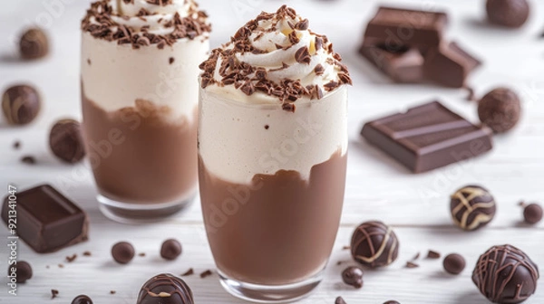 Fototapeta A chocolate milkshake in a plastic cup, isolated on a white background. The shake's rich, creamy texture is visible through the clear cup, which is typically topped with whipped cream 