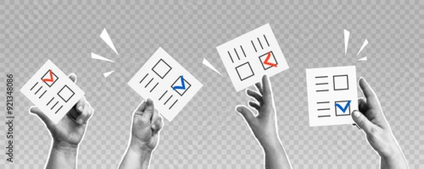 Fototapeta Collage with halftone hands holding a ballots. Election concept in pop art retro style. Design element for infographic, poster, website