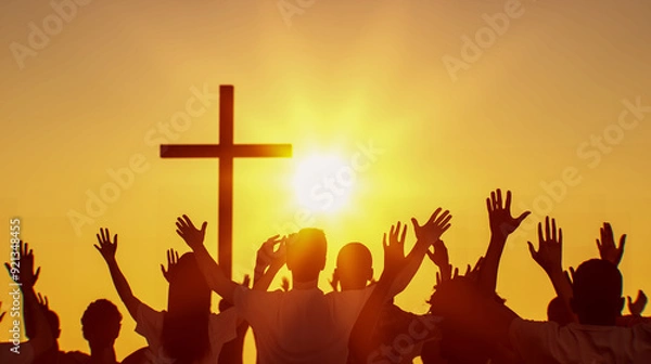 Fototapeta the silhouette of a Christian cross with the image of a worship praying people hands render 3d 