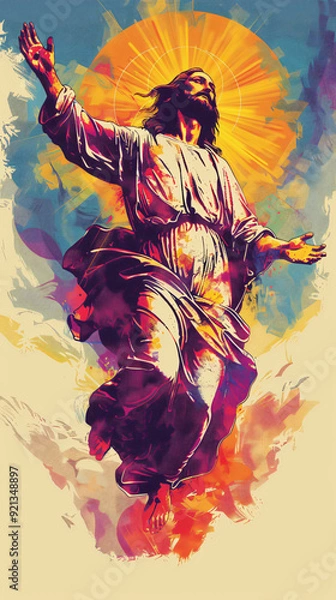 Fototapeta Аscension of Сhrist, colorful illustration of resurection and going to heaven Jesus, Son of God, christianity art