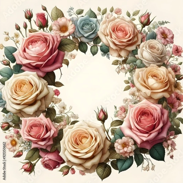 Fototapeta An arrangement of roses framing a blank space, creating a backdrop for messages or greetings. Frame