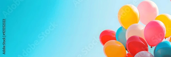 Fototapeta Miscellaneous banner with colorful balloons against blue sky, soft lighting, space for text