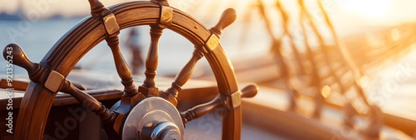 Fototapeta Transportation banner with close-up of ship's wheel on boat deck, soft gradient background, space for text on the right