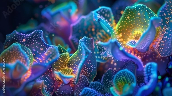 Fototapeta Surreal Plant Forms: Abstract, exaggerated plant forms with unusual textures and vibrant colors like electric blue and neon green, set against a dark backdrop.