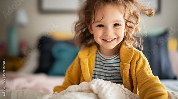 Fototapeta Joyful Child Sitting in a Cozy Bedroom Wrapped in a Soft Blanket, Radiating Happiness and Wonder in a Colorful Environment
