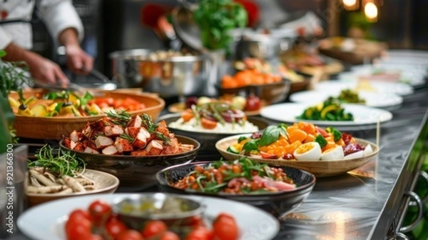 Obraz Chef's Table Extravaganza: A Colorful Array of Gourmet Dishes Ready to Serve