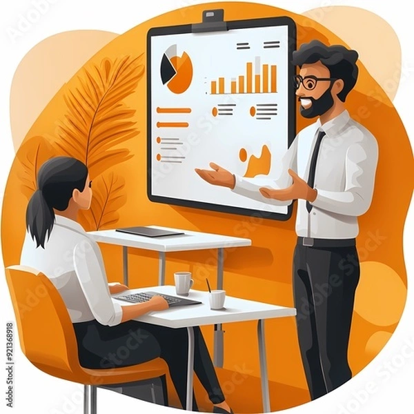 Fototapeta Cartoon vector illustration of business meeting in office with diverse team working together at desk using technology and discussing ideas.