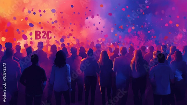 Obraz "B2C" in a stylish font on a background of a consumer product launch event, with excited customers and media coverage