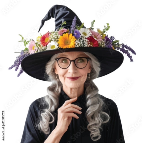 Fototapeta A cute granny in black wearing witch hat adorn with red rose flower isolated on white background 
