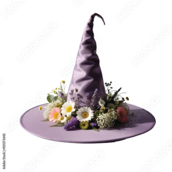 Fototapeta A beautiful lavender color witch hat adorn with  colorful flower isolated on white vector illustration 