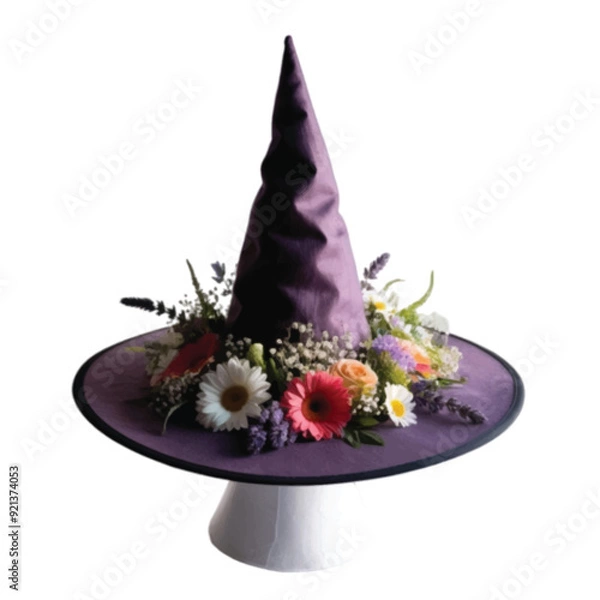 Fototapeta A beautiful purple color witch hat adorn with colorful flower isolated on white vector illustration 