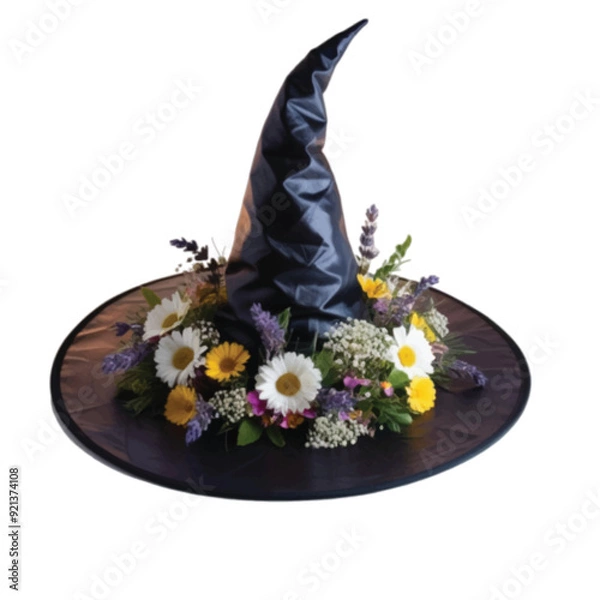 Fototapeta A beautiful black color witch hat adorn with colorful flower isolated on white vector illustration 
